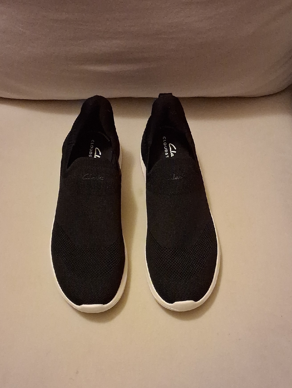 Clarks Black Knit Slip-On Cloudsteppers with White Soles